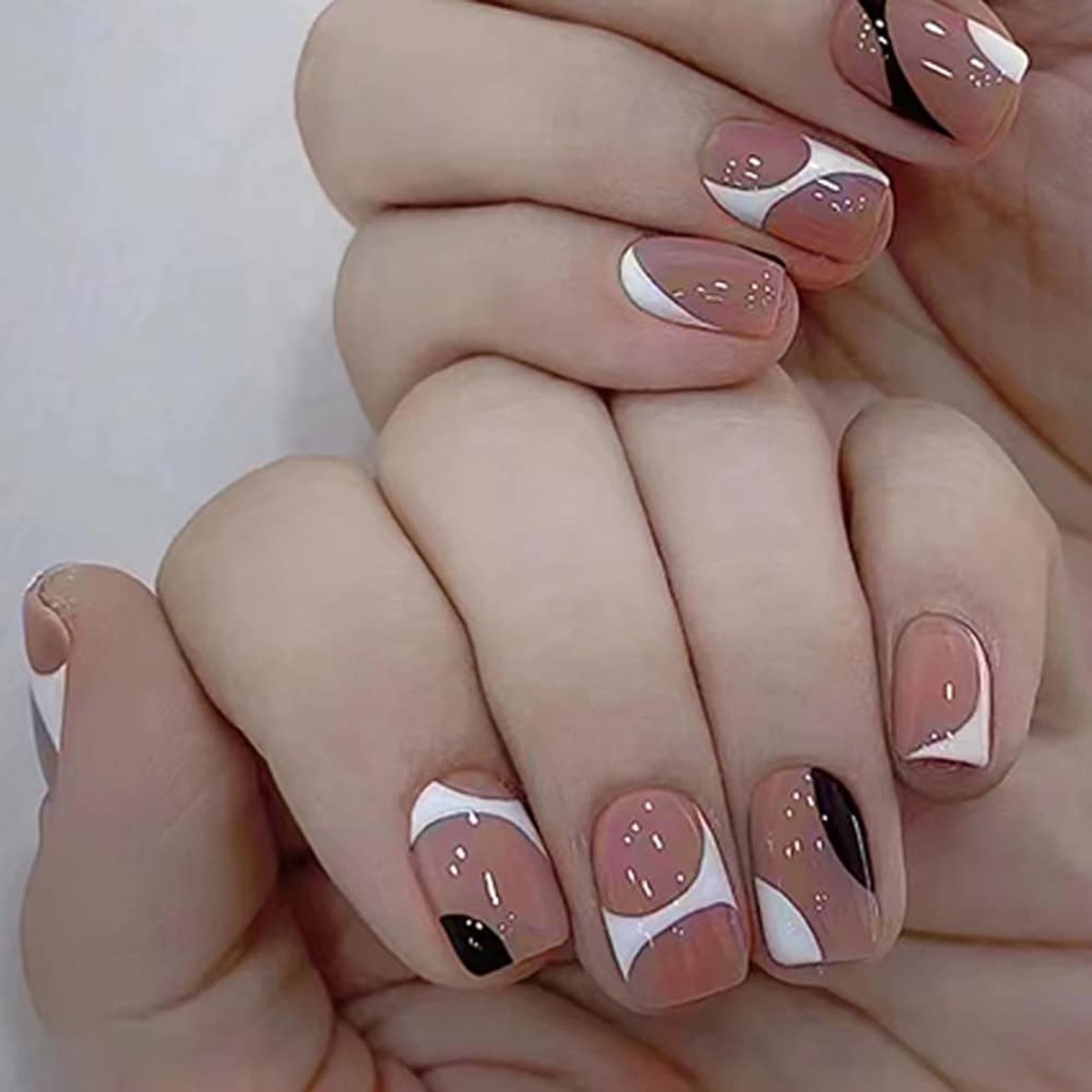 Kunstnagels, roze, gegradueerd, vierkant, glinsterend, nagels, zwart, wit, acryl, schattige kunstnagels, naakte roze nagels, 24 stuks