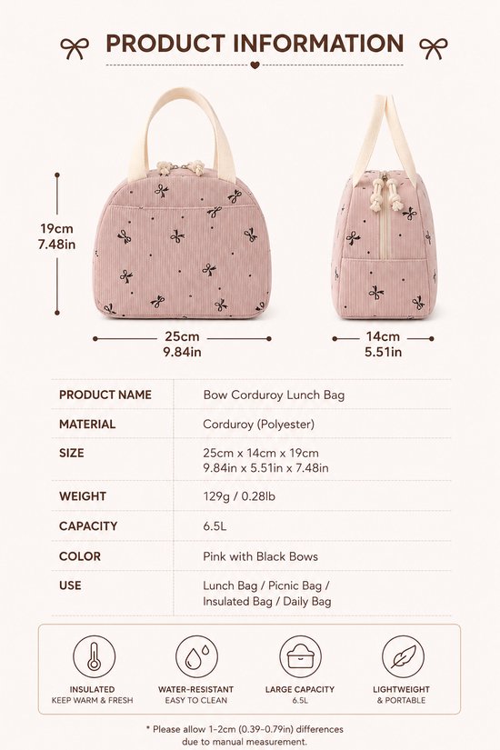 Rainbecom - Koeltas - Koeltassen 6.5 L - Lunchtas Dames en Kinderen - Geïsoleerde Lunch Bag met Voorvak - Corduroy - Paars met Strikjes van Rainbecom — afbeelding 2