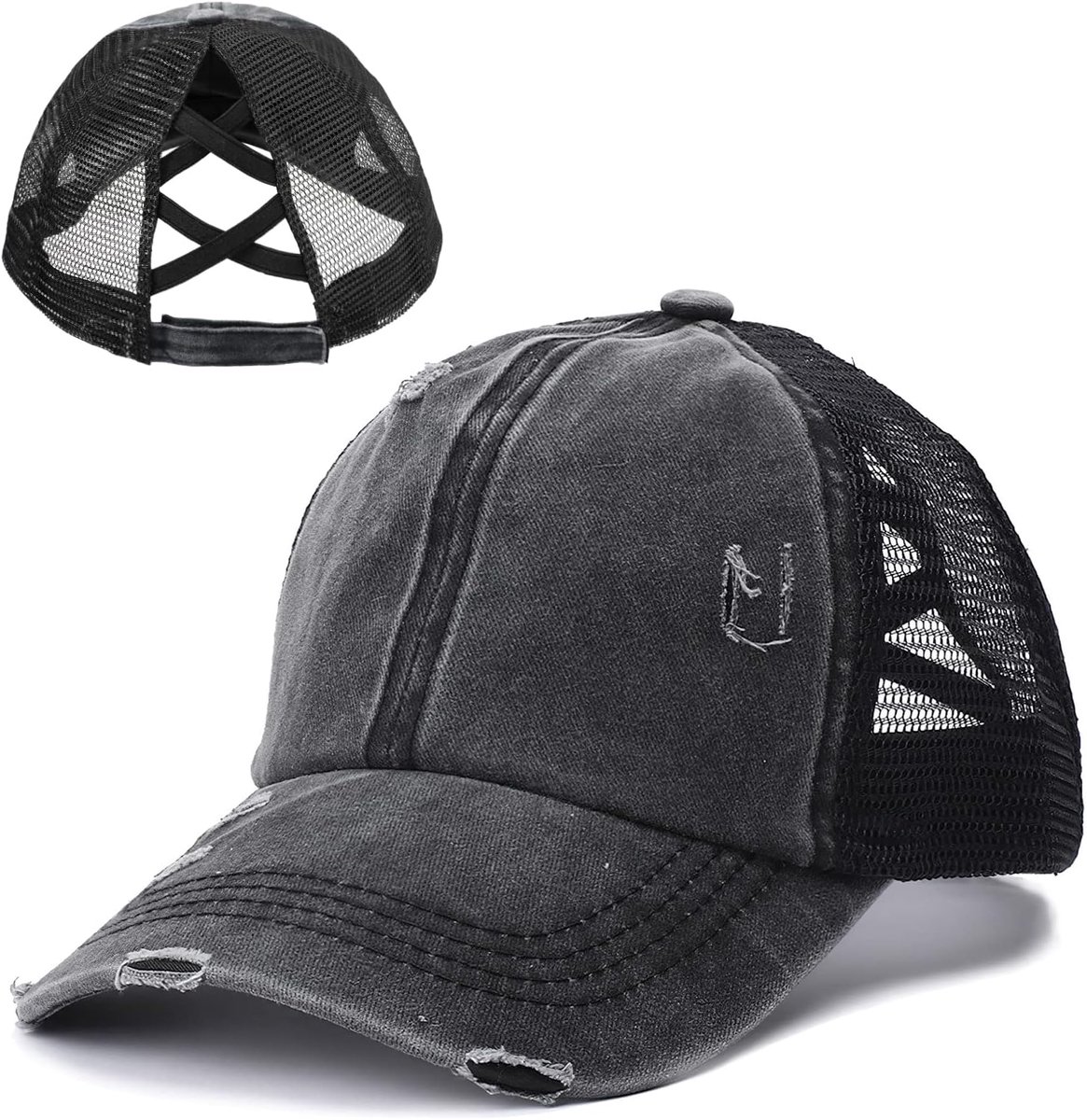 Dames Criss Cross Paardenstaart Hoed Vintage Mesh Baseball Cap Unisex Verstelbare Verontruste Paardenstaart Rommelige Bun Ponycap Gewassen Trucker Hoed