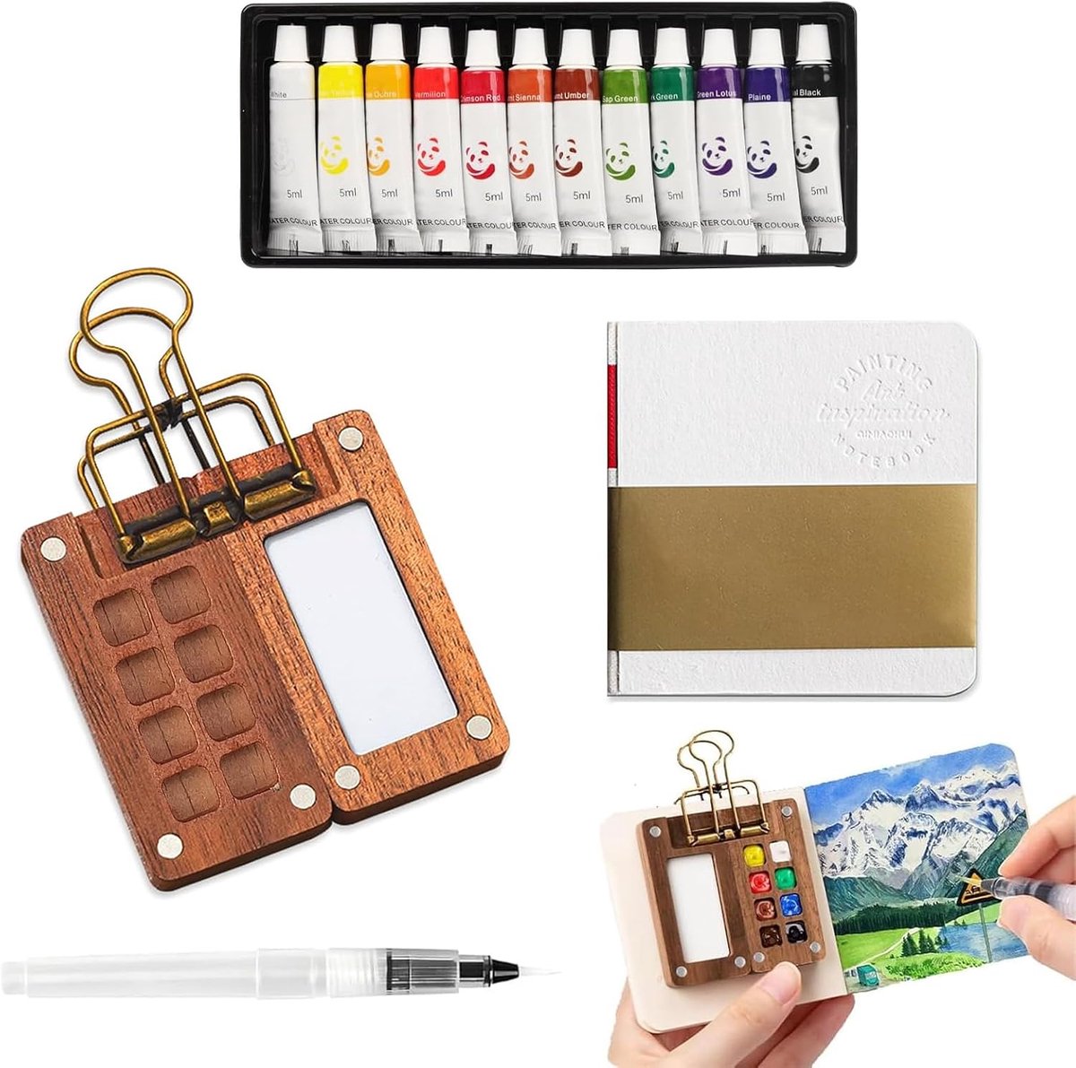 draagbare aquarelset voor aquarelverf, met houten doos | Met 8 vakken, notitieboek, planner, penseelclip en 12 tinten geselecteerd, voor kunstenaars op reis