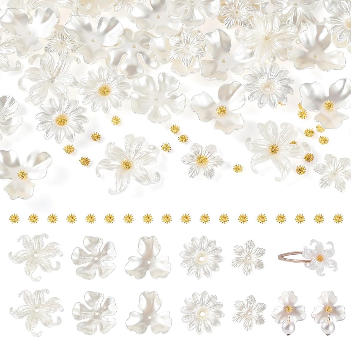 Kralen Caps Hars & Plastic Imitatie Parel Kraal Cap met Gouden Pistil Kralen DIY Witte Bloemen Spacer Kralen Bulk voor DIY Ketting Oorbel Sieraden Maken