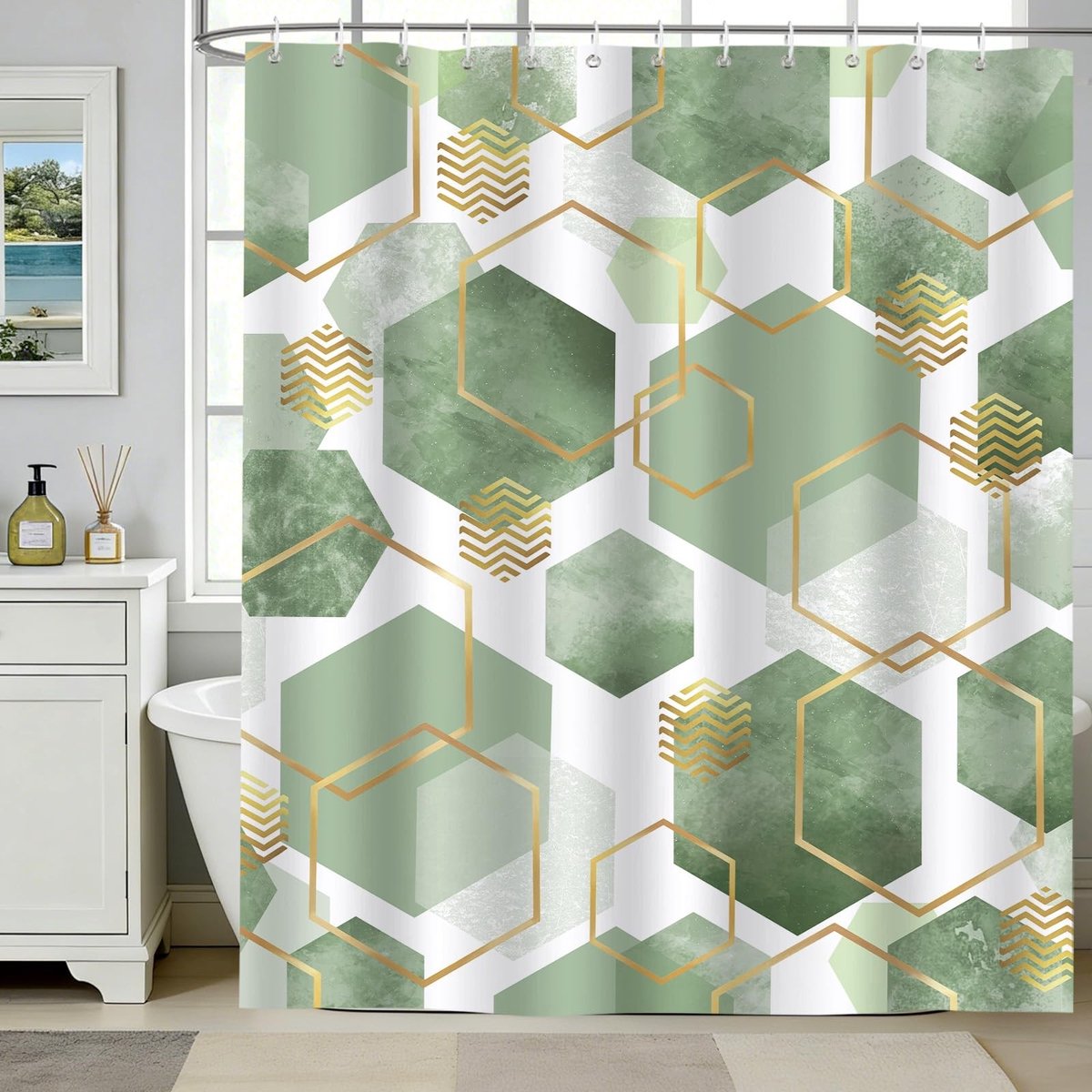 Omgoods - Modern Douchegordijn Sage Green Marmer Design
