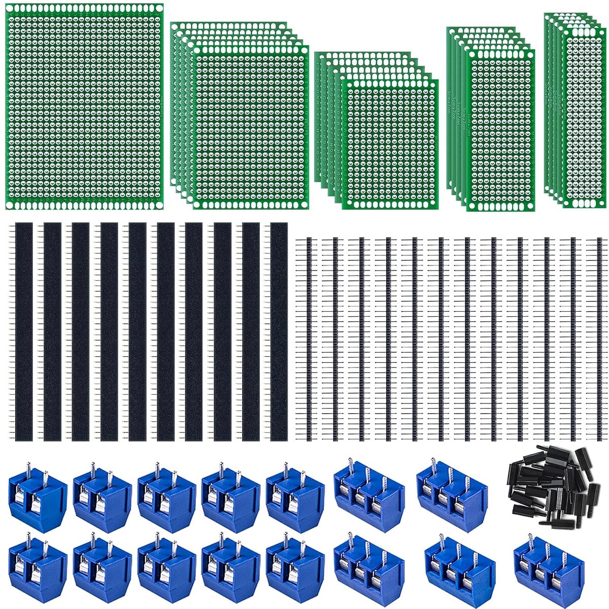 78 Piece Perforated Grid Board Kit, 21 Double-Sided PCB Board, Perforated Board, 22 Pieces, Male Female 40 Tiller Header, 15 Pieces 2P & 3P Screw Terminal with 20 Tablets Nylon Column