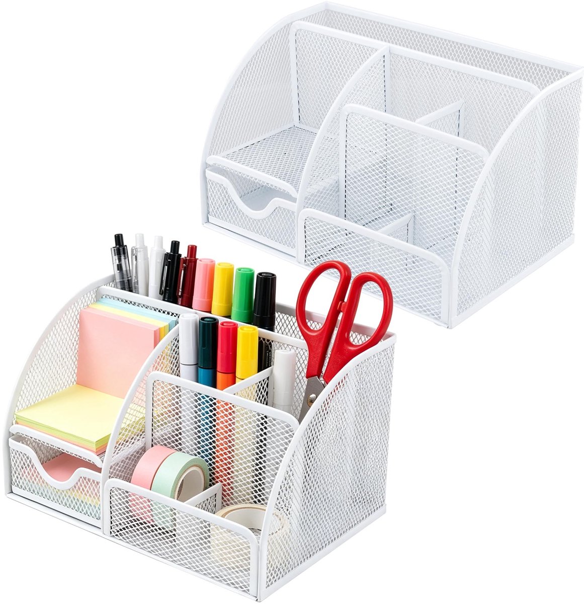 Omgoods - 2 Stuks Mesh Bureauorganizer met Lade - Witte Metalen Pennenhouder