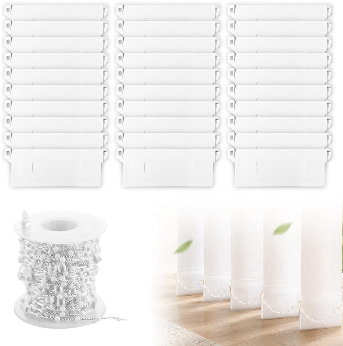 Omgoods - 30 Stuks Lamellengordijnen, Vervangingsonderdelen met 10 Meter Ketting, Wit