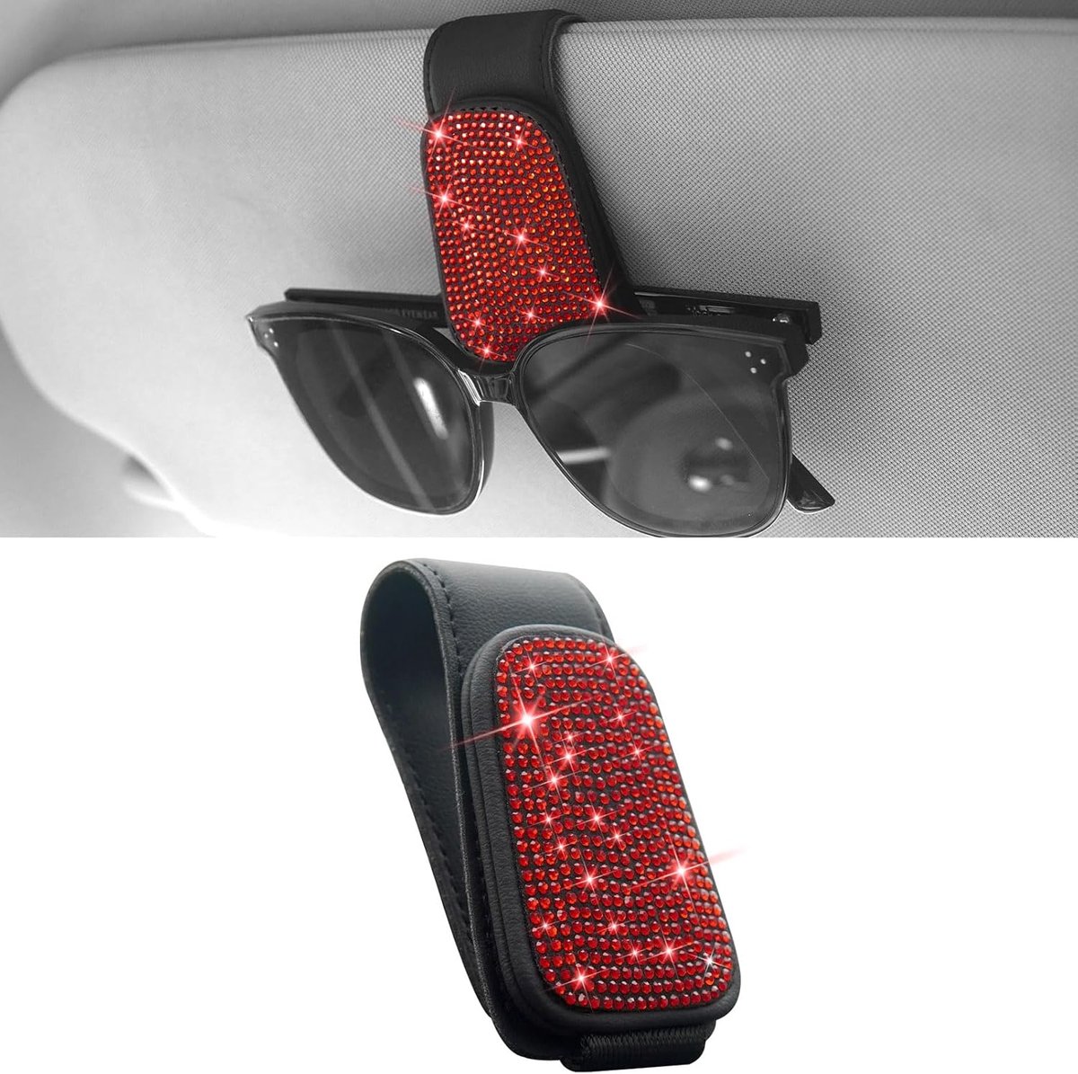 Zonnebrilhouder voor auto, vizier, magnetische leren brilhouder, vizier, clip, strass, brilbeugel, ticketkaart, clip voor vrouwen en meisjes (rood)
