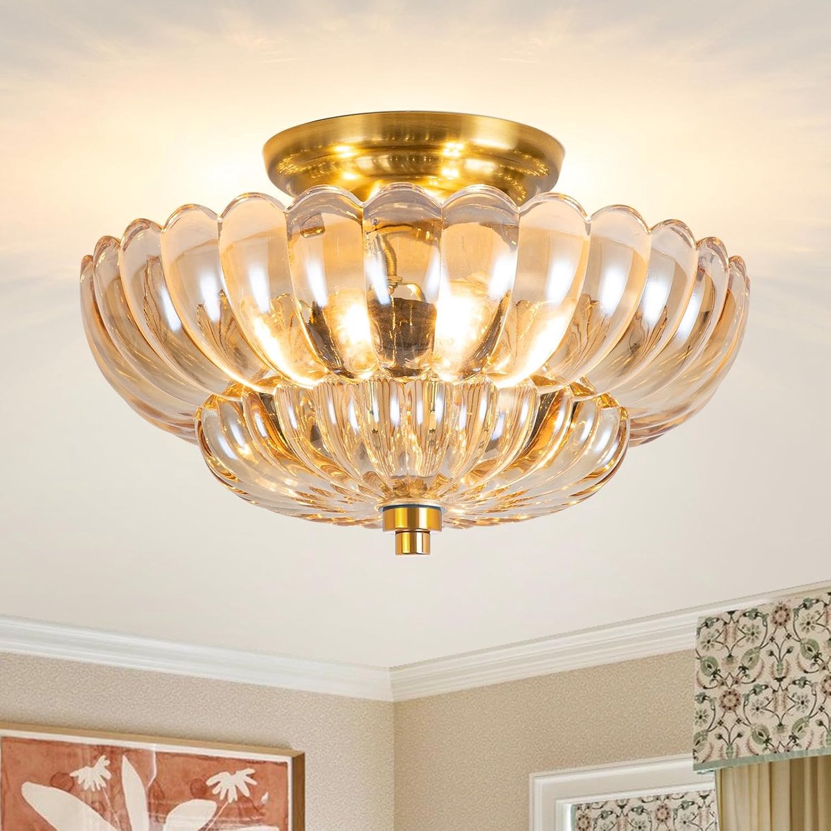 Plafondlamp, E27 30 cm Amber Semi Flush Mount Plafondlamp Glas Plafondlamp Vintage Verlichtingsarmaturen voor Kast Hal Keuken Eetkamer Woonkamer - Zonder E27 Lamp