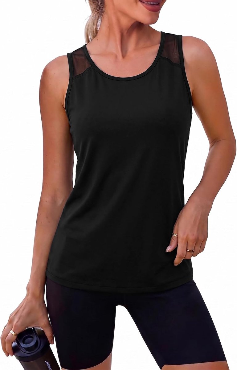Sporttop voor dames, ronde hals, mouwloos, ademend, top met mesh-schouders, voor yoga, fitness, zomer, sportshirt, bovenstuk
