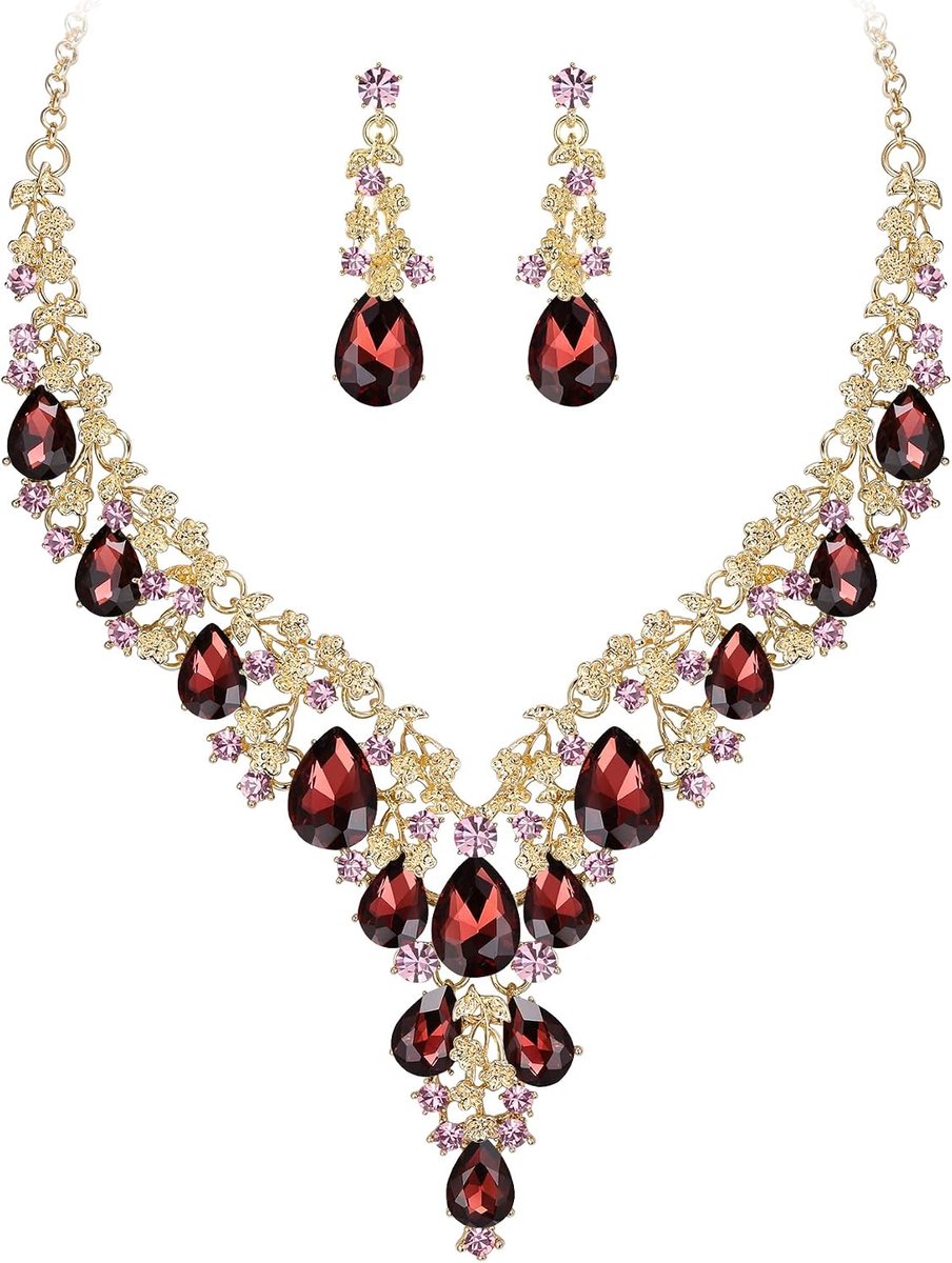 bruidssieradenset druppels strass cluster statement halsketting bengelen oorbellen set modesieraden voor dames diepe amethist kleur goudkleurig, kristal