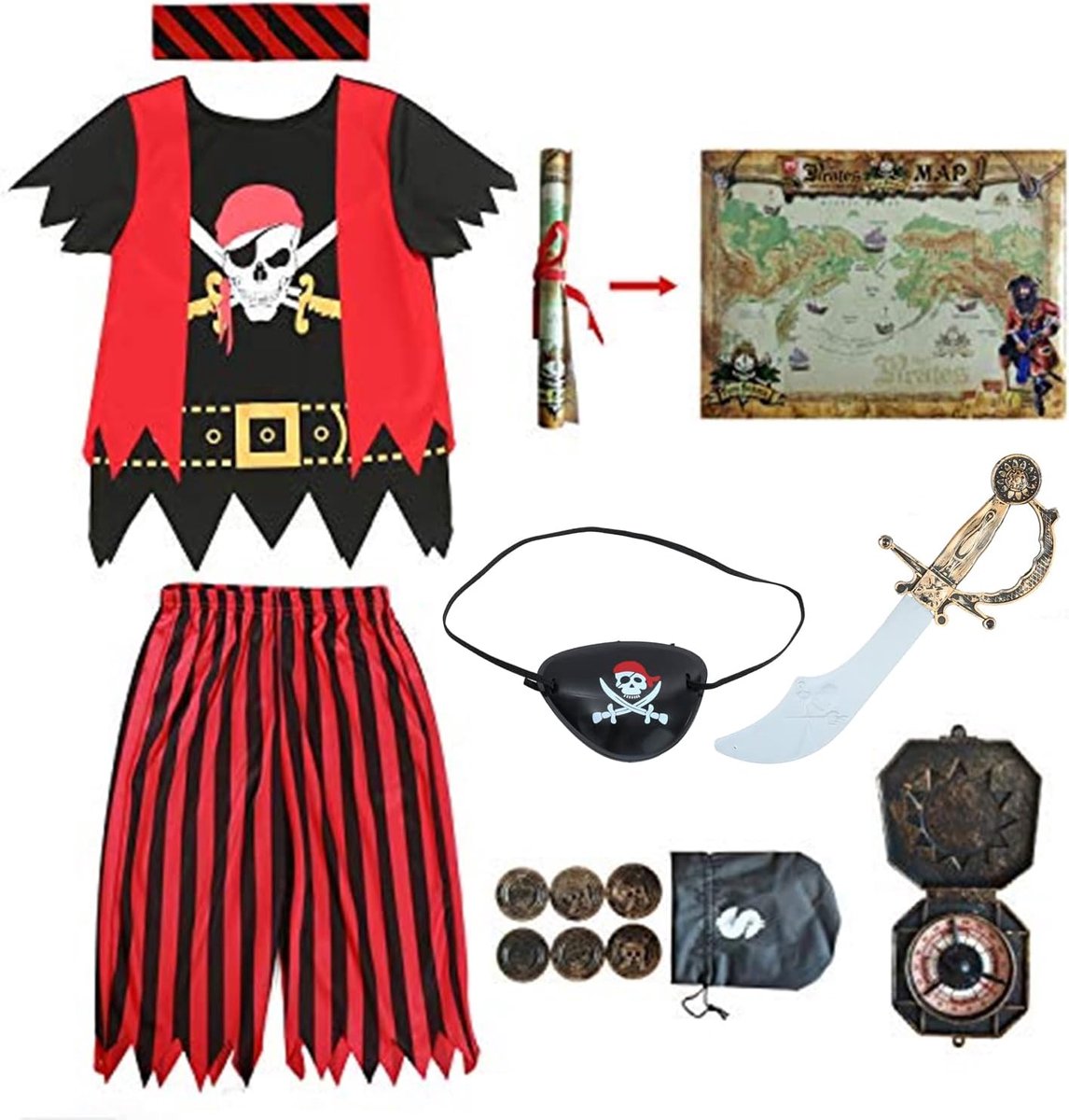 Party Kids Pirate Kostuum, Pirate Role Play Dress Up Voltooide Set 8pcs voor Jongens Maat 3-4,5-6,7-8,8-10