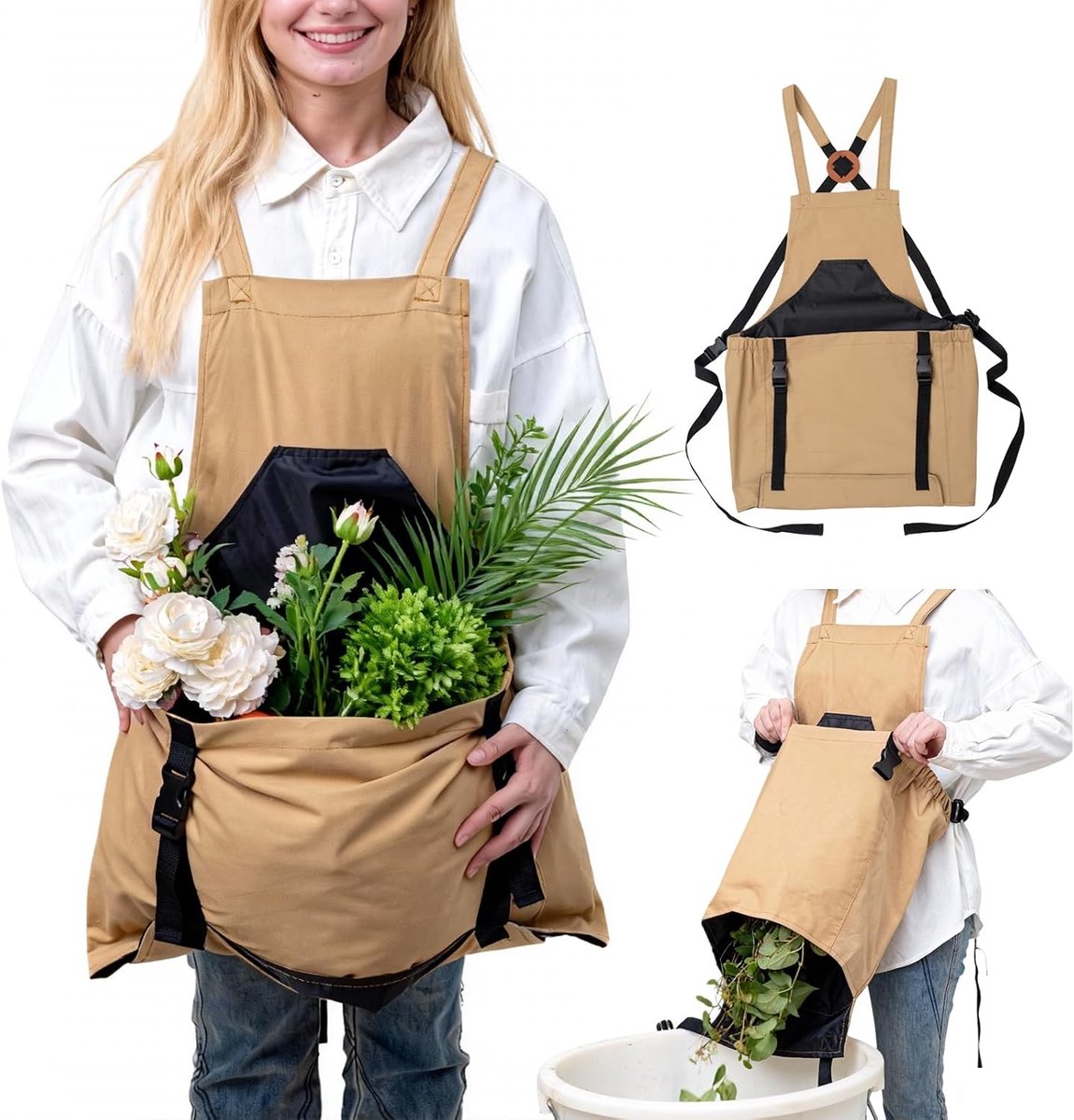 Tuinschort voor dames met verstelbare kruisbanden, waterdicht tuinschort met zakken voor het plukken van groenten en fruit, tuinaccessoires