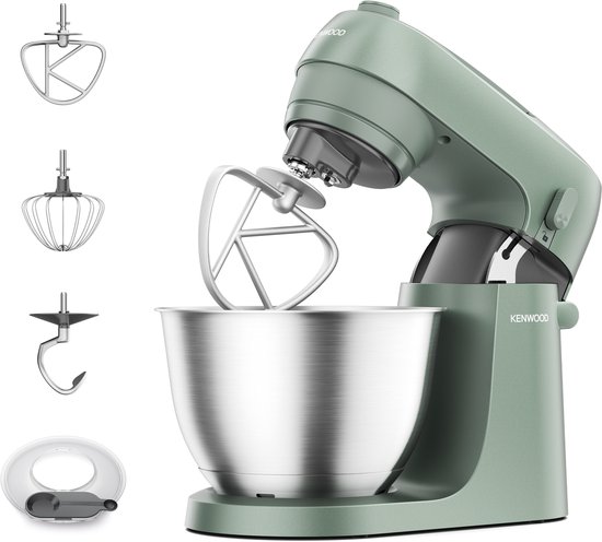 Robot Kenwood vert de profil avec bol argenté. Accessoires : feuille K, fouet, crochet pétrisseur et couvercle anti-éclaboussures.