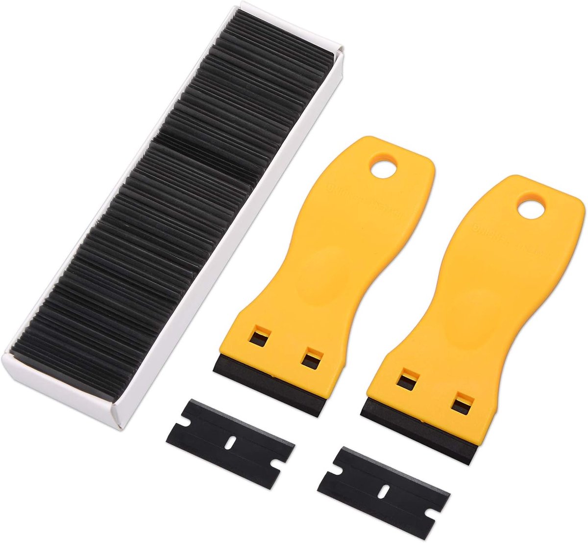 Schrapers+100 stuks kunststof messen dubbele rand plastic scheermesjes ideaal voor automatische raamtint vinyl, stickers van voorruiten (geel)