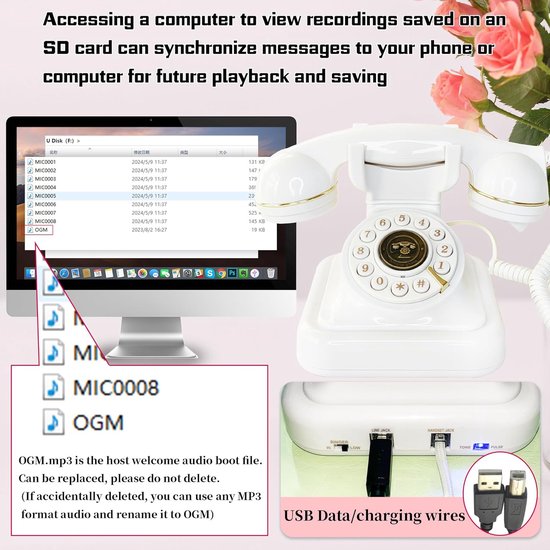 gastenboek bruiloft telefoon met one-touch weergave & instelbaar volume voor bruiloft, jubileum, verjaardagsfeesten, babyshower, wit met bord — afbeelding 2