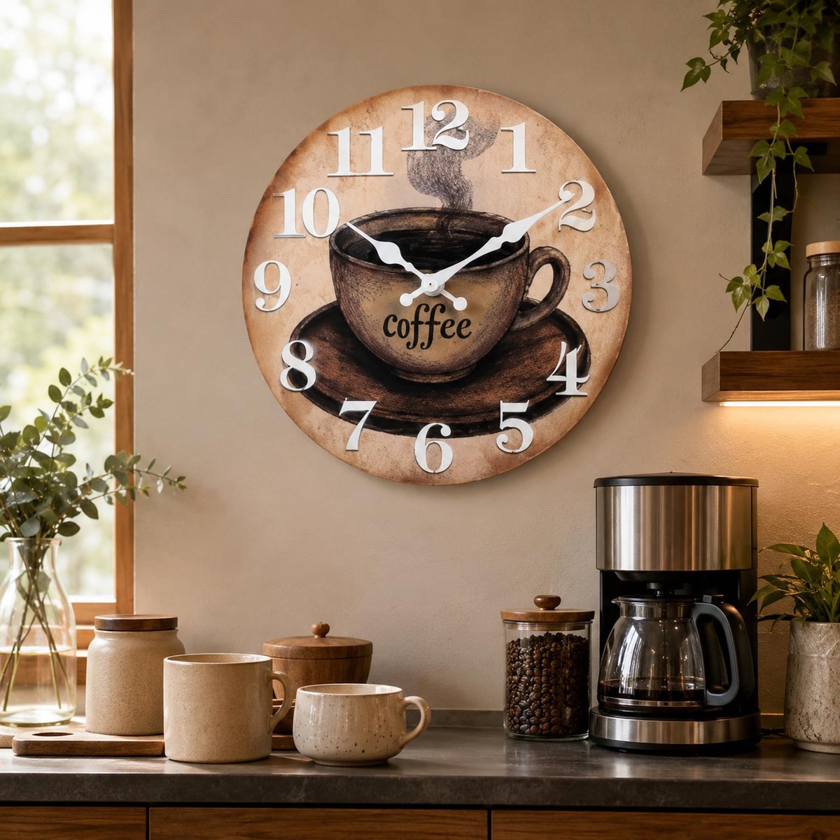 Omgoods - Retro Vintage Keukenklok met Koffiemotief - Geruisloos Kwartsuurwerk 30 cm