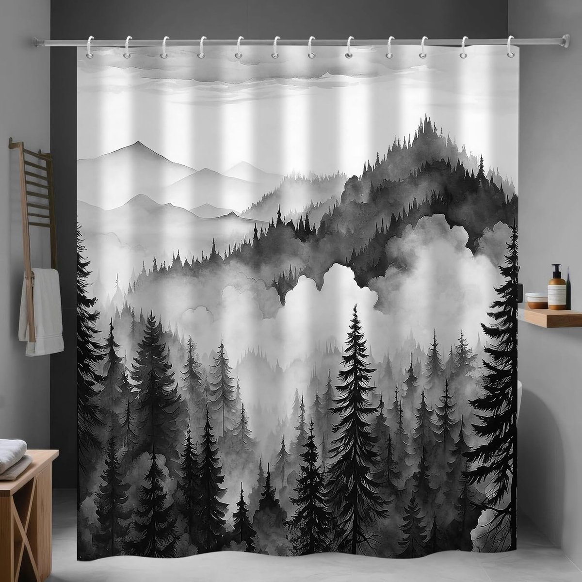 Omgoods - Zwart Douchegordijn 180 x 200 cm met Mistig Boslandschap