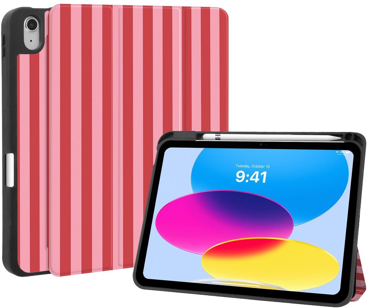 Omgoods - Hoes voor iPad 11e/10e generatie - Roze en Rood Gestreept met Penhouder
