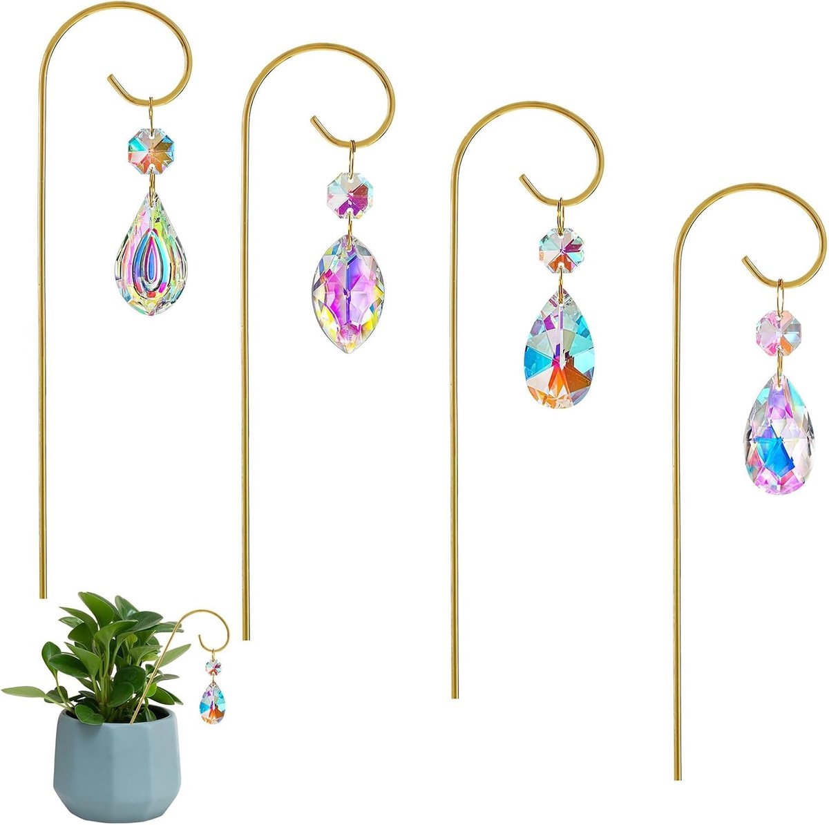 4 Stuks Kleine Metalen Plantondersteuning met Kristallen Zonvanger, 19 cm Plantenstekers voor Mini Bloempot, Feeëntuinen en Binnendecoratie