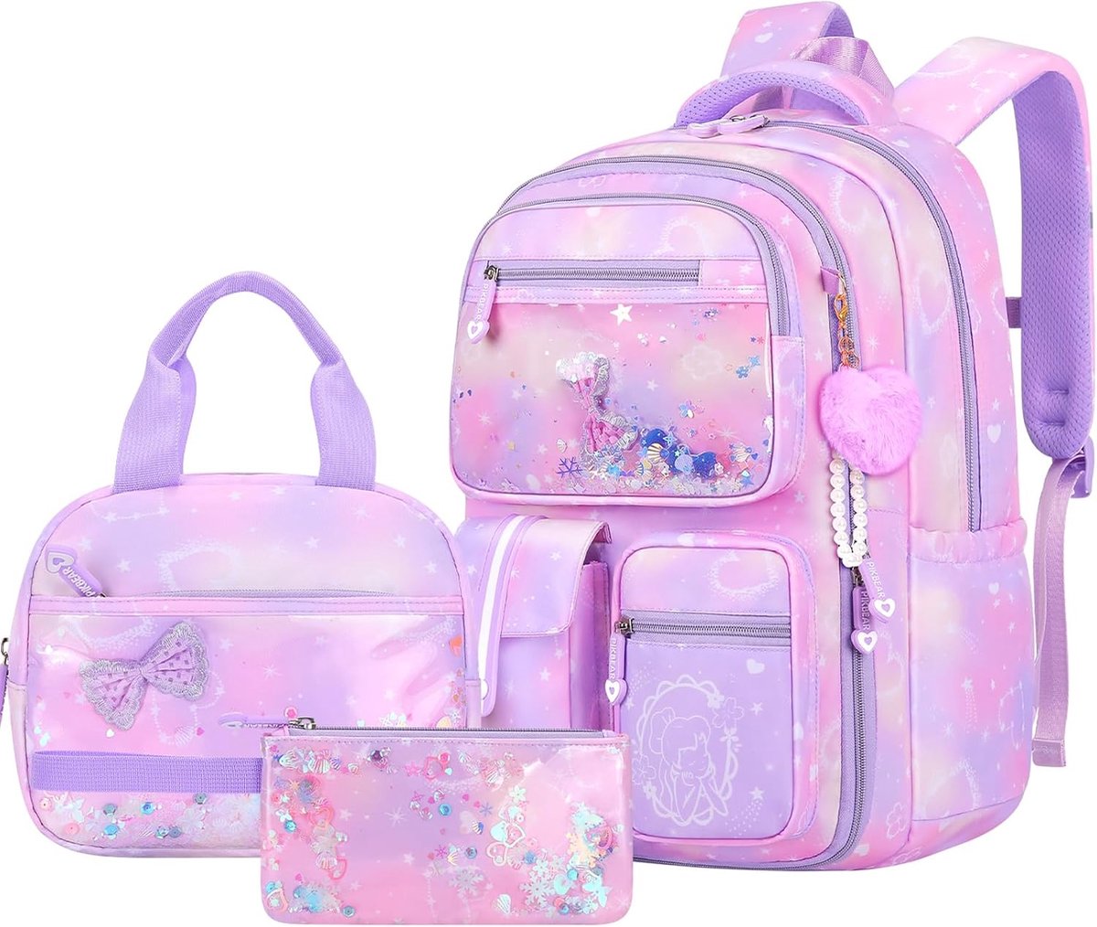 Set schoolrugzak meisjes tieners 3-delig, schooltas met lunchtas pennenetui middelbare schotel voor school reizen voor 15,6" laptop 9264