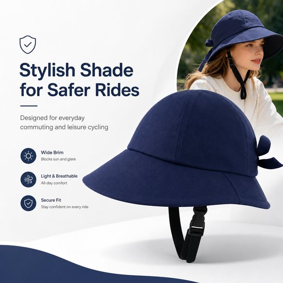 Trendy Fietshelm met Zonneklep - Fietshelm in Hoed Stijl voor Dames en Heren - Stijlvolle Veiligheidscap voor Woon-werkverkeer en Recreatieve Fietstochten - Zomer Marineblauw van trendy — afbeelding 5