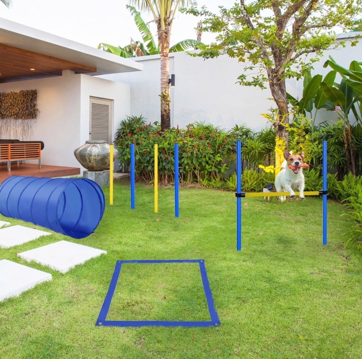 REDOM - Agility set voor honden - 5-delige trainingsset - Tunnel, slalom, horde en startveld - Verstelbare hoogte - Draagtas - Polyester - Geel en Blauw