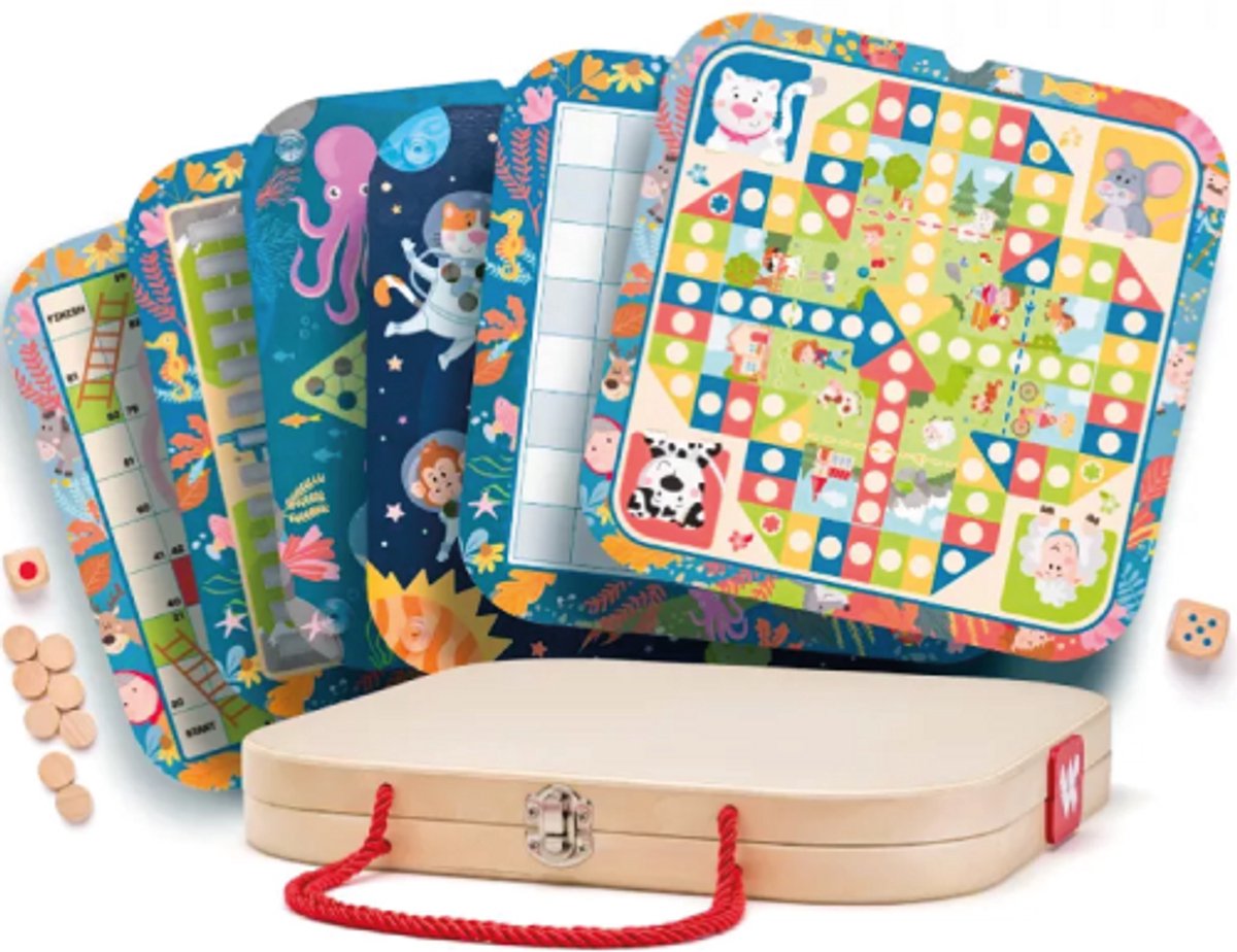 Woody 7 spellen in houten koffer