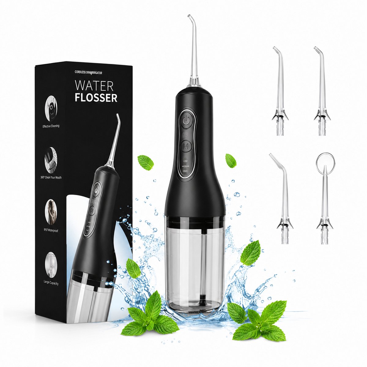 Waterflosser - Neusdouche - Tandplak verwijderaar - Elektrische Waterflosser - Tongreiniger - Beugel schoonmaken - 4 Opzetstukken - Zwart