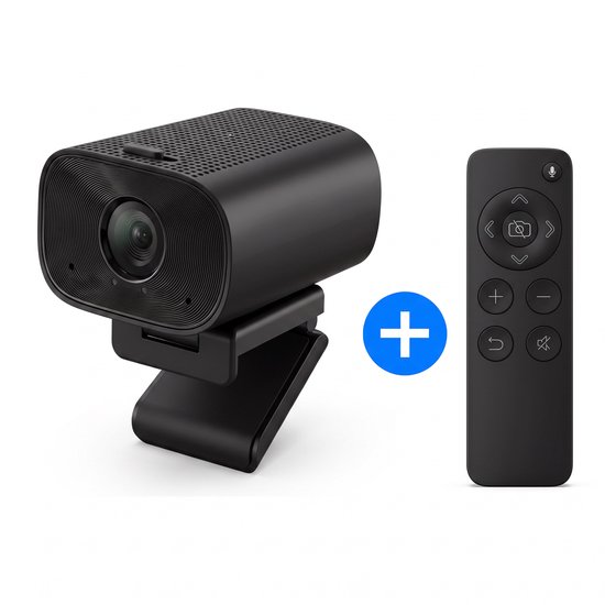 Webcam SyncGear noire avec télécommande et un signe plus.