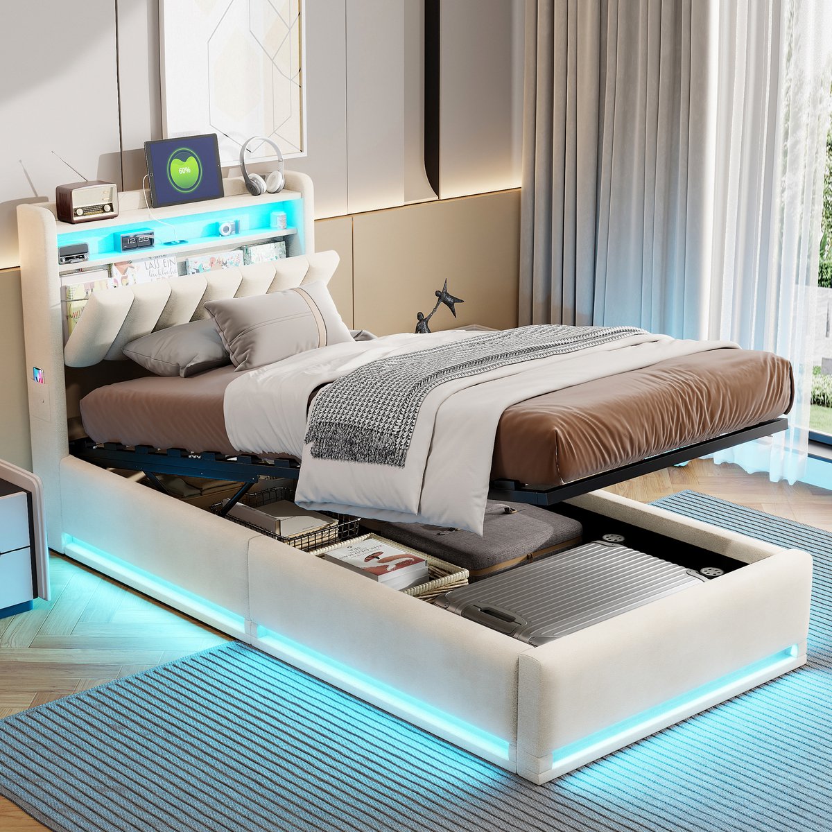 Solvenrik Bed 90x200 Beige met LED & USB – Velvet Gestoffeerd Eenpersoonsbed met Hydraulische Opbergruimte – Modern Opbergbed met Hoofdbord