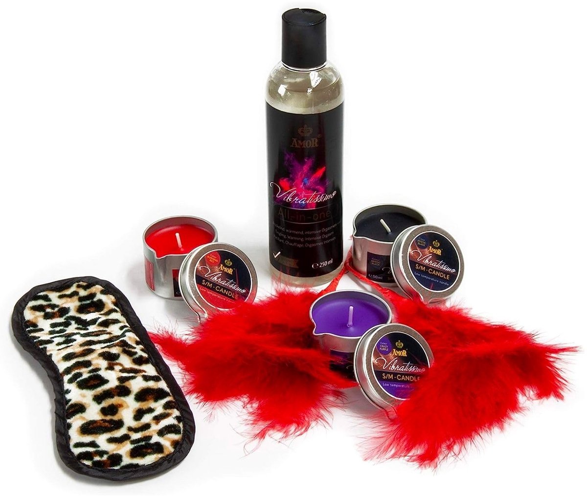 VIBRATISSIMO S/M Kaarsen Set met Glijmiddel | Oogmasker & Veer | Lage Temperatuur Kaarsen in Drie Kleuren | Druppelkaarsen voor Erotische Spelen