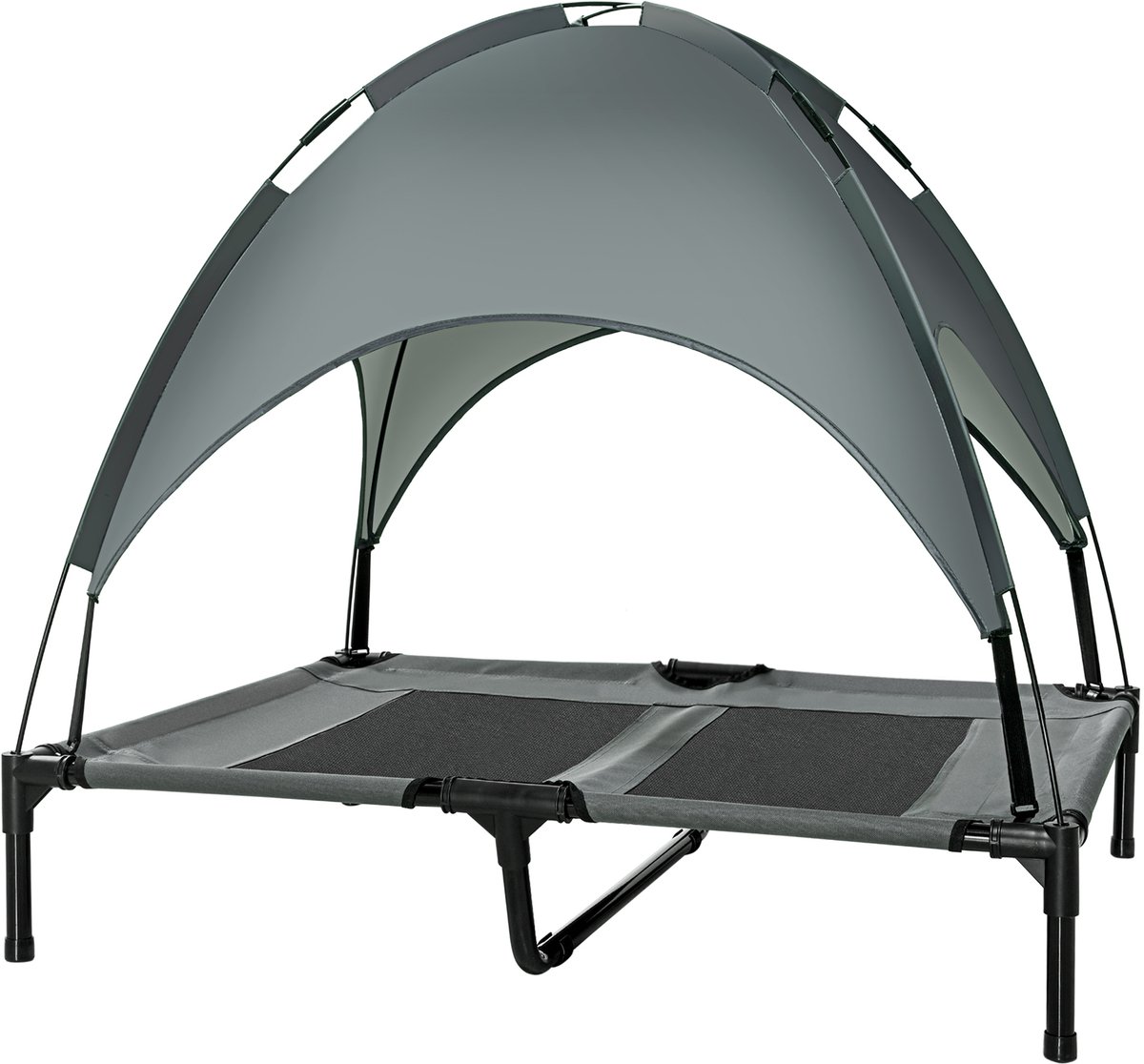 Kat hondenbed met voeten, outdoor, 2-in-1 huisdierenbed, hondensofa, UV-beschermende zonnebrandverhoogd kattenbed, kattenbed voor katten en kleine grote honden, Microporen Oxford doek + parasol + bijkomende opvangtas, 92 x 76 x 90 cm, Grijs zwart