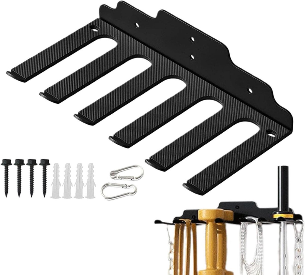 Wandrek met Haken - Opbergrek Fitness - Fitnessapparaten Opbergen - Ruimtebesparend Ontwerp - 30 x 15 cm - Zwart