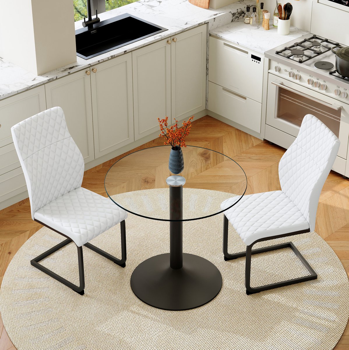 REDOM- Set tafel en stoelen - Ronde glazen eettafel - 85 cm diameter - 2 eetkamerstoelen met hoge rugleuning en ruitstiksel - Industrieel - Woonkamer - Glas en metaal - Zwart, Transparant, Wit - 85 cm