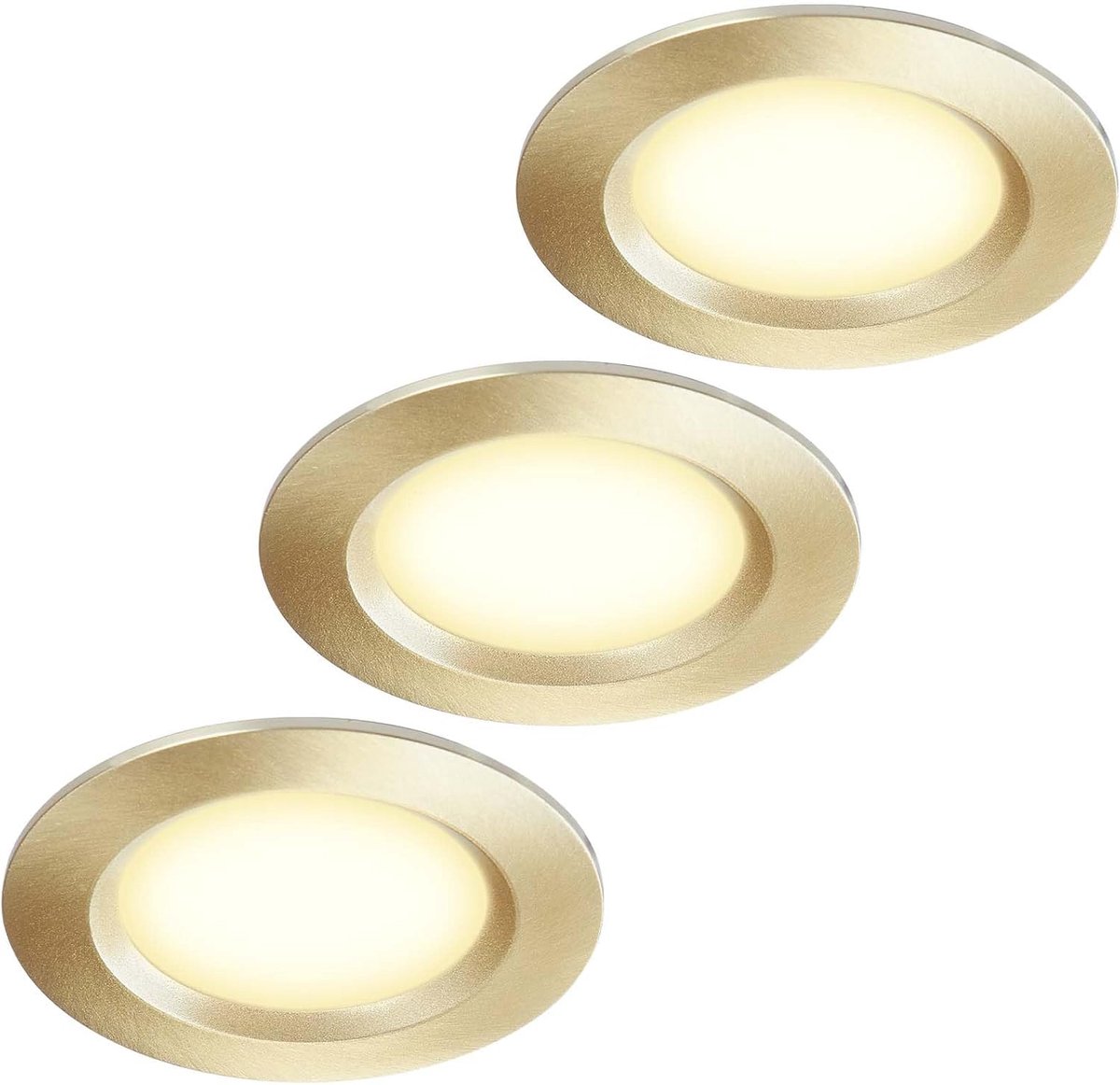 Set van 3 inbouwspots voor meubels, 12 V, ultraplat, 3 W, gatuitsparing 55 mm, met 2 m kabel, IP44 voor spiegelkasten, vitrines, meubels en kasten (goud 3000 K)
