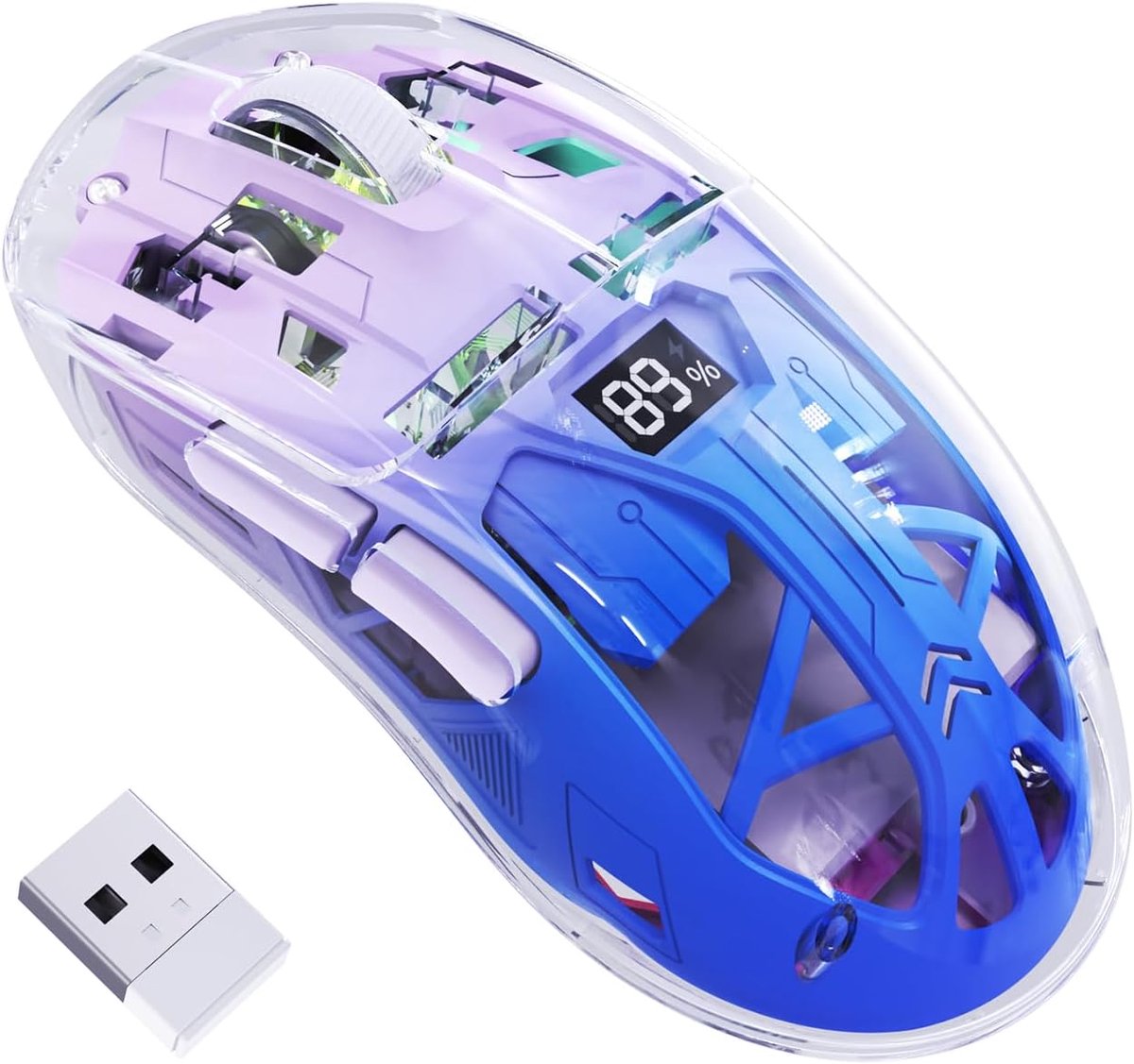 A2 Draadloze Gamingmuis, Dual-Mode 2.4G/Bluetooth Pc-Gamingmuizen, RGB-muis met Batterijdisplay, Transparante Behuizing, PixArt 3212 4000 DPI, voor Win/MAC, Twilight Purple