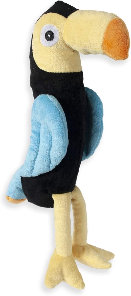 521579 hondenspeelgoed pluche vogel L: 38 cm B: 14 cm H: 8 cm blauw-geel tukan