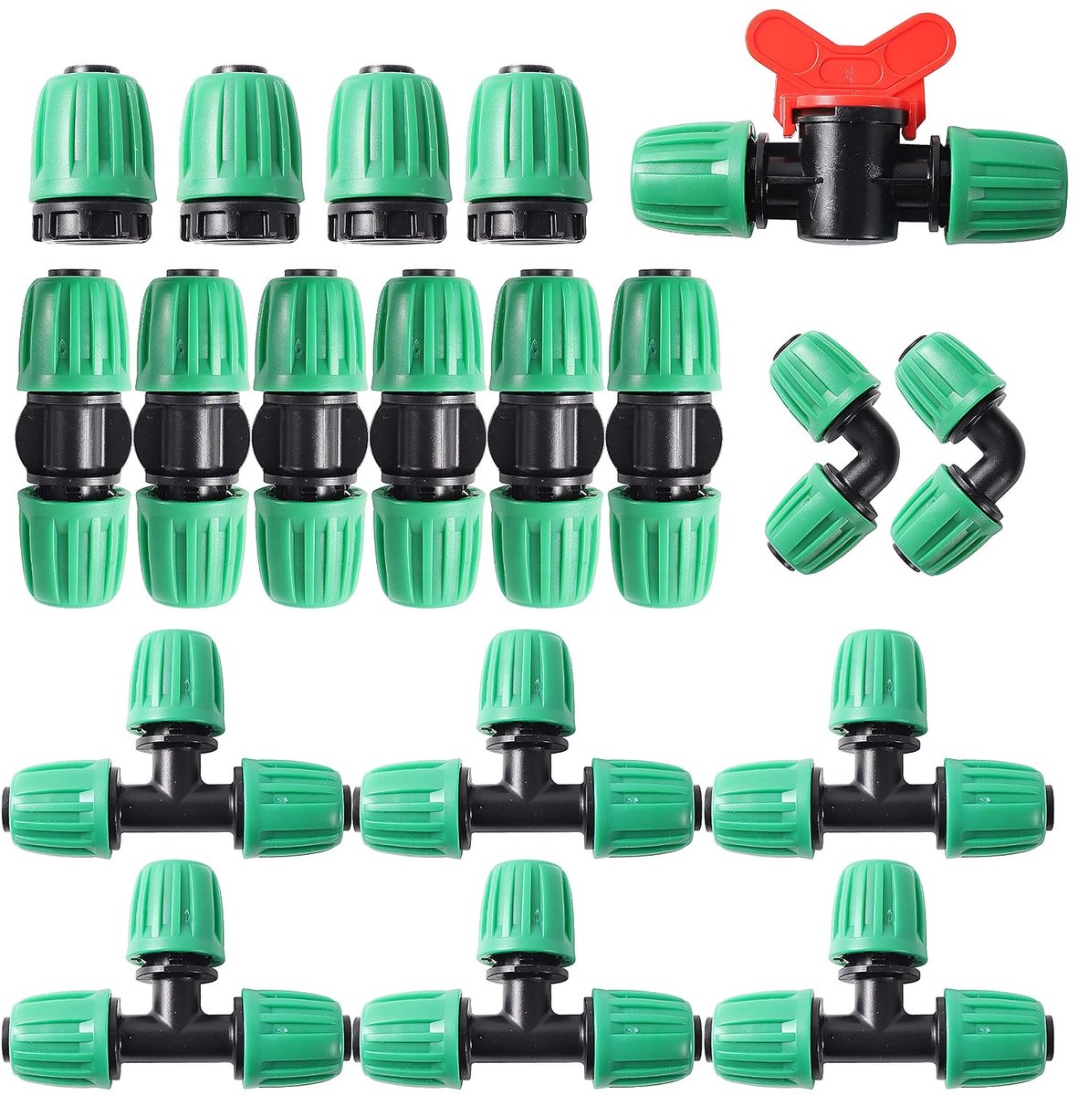 19 Piece Irrigation Fitting Kit for 1/2" Drip Hoses - 6 T-Pieces, 6 Couplings, 4 Ends, 2 Elbow Pieces, 1 Switch Valves - Barbed Connector