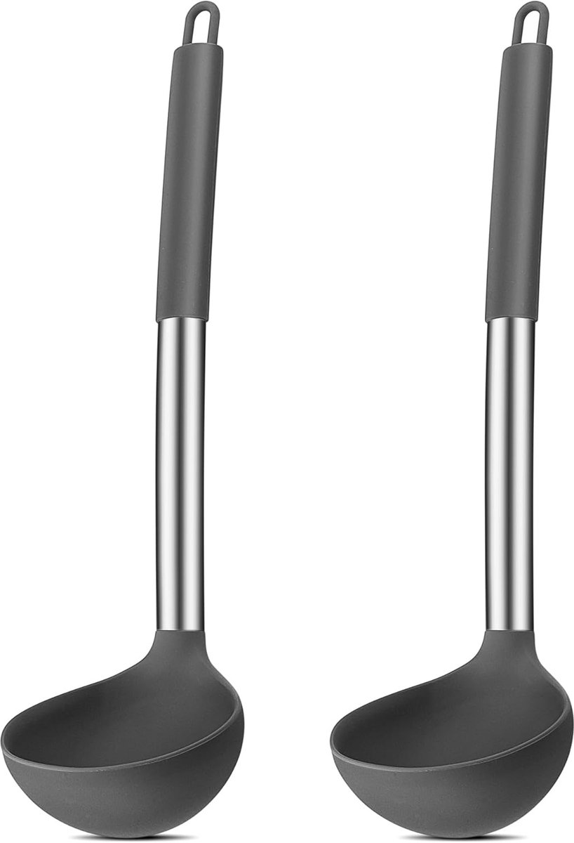 Soeplepel, Joyfair 2-delig siliconen schepset, hittebestendige scheplepel met roestvrijstalen handgreep, 30 cm groot sausschepje voor koken/roeren/serveren, gezond en antiaanbaklaag - Grijs