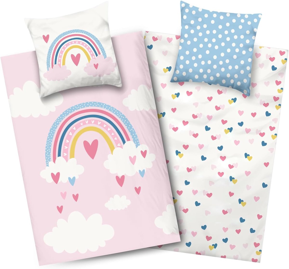 Kids Kinderbeddengoed, Dekbedovertrek voor kinderen, meisjes, katoen, regenboog, omkeerbaar, wolke-n-harten, YKK-ritssluiting, roze