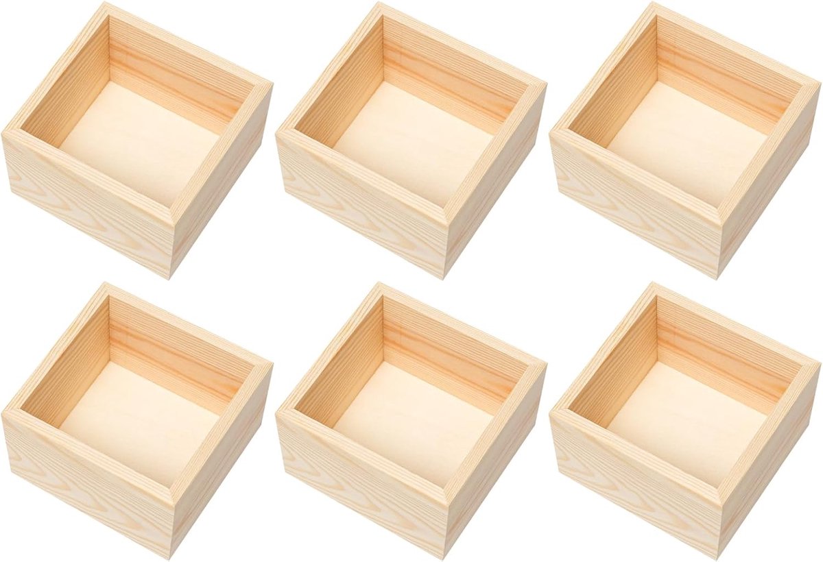 6 stuks vierkante houten kist, zonder deksel, 10 x 10 x 6 cm, kleine