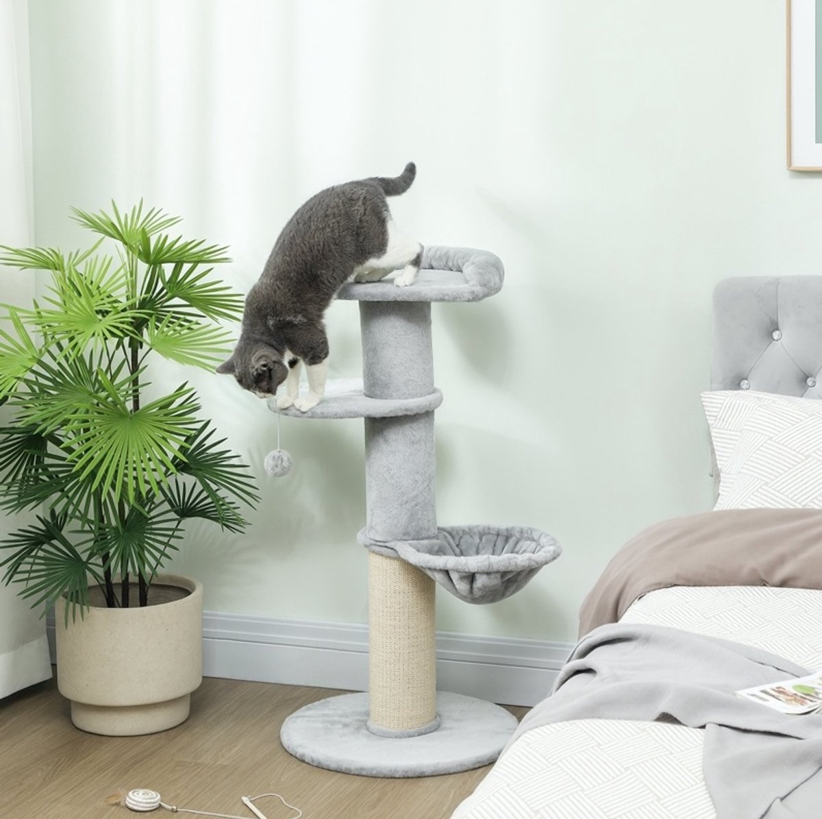 REDOM - Krabpaal voor katten - Meerdere niveaus met hangmat, speeltje en sisal krabpalen - Pluche bekleding - Woonkamer - Lichtgrijs - 103,6 x 48 x 48 cm