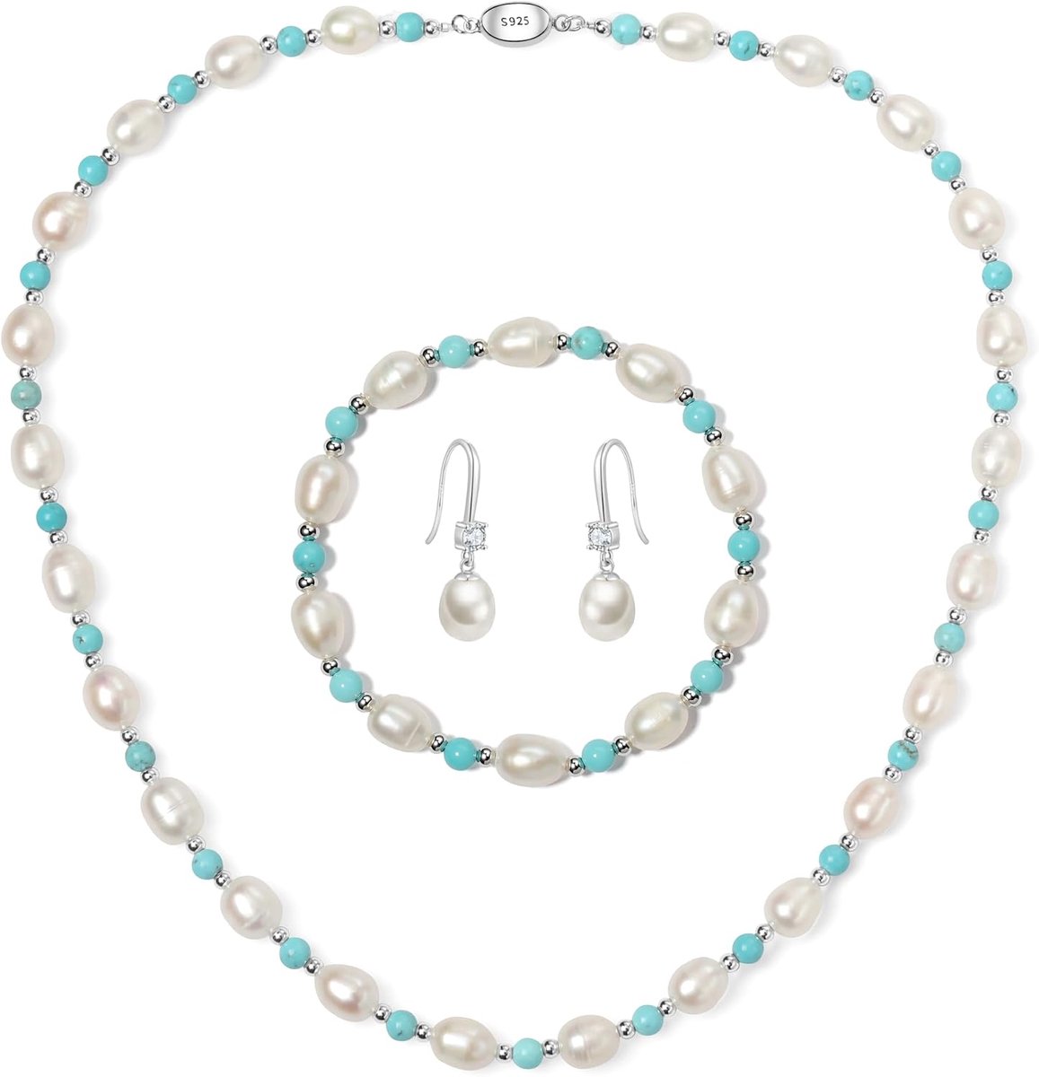 Sieradenset, zoetwaterparels, halsketting, armband en oorbellen van 7-8 mm natuurlijke parels, turquoise sieradensets voor dames, elegante en prachtige sieraden