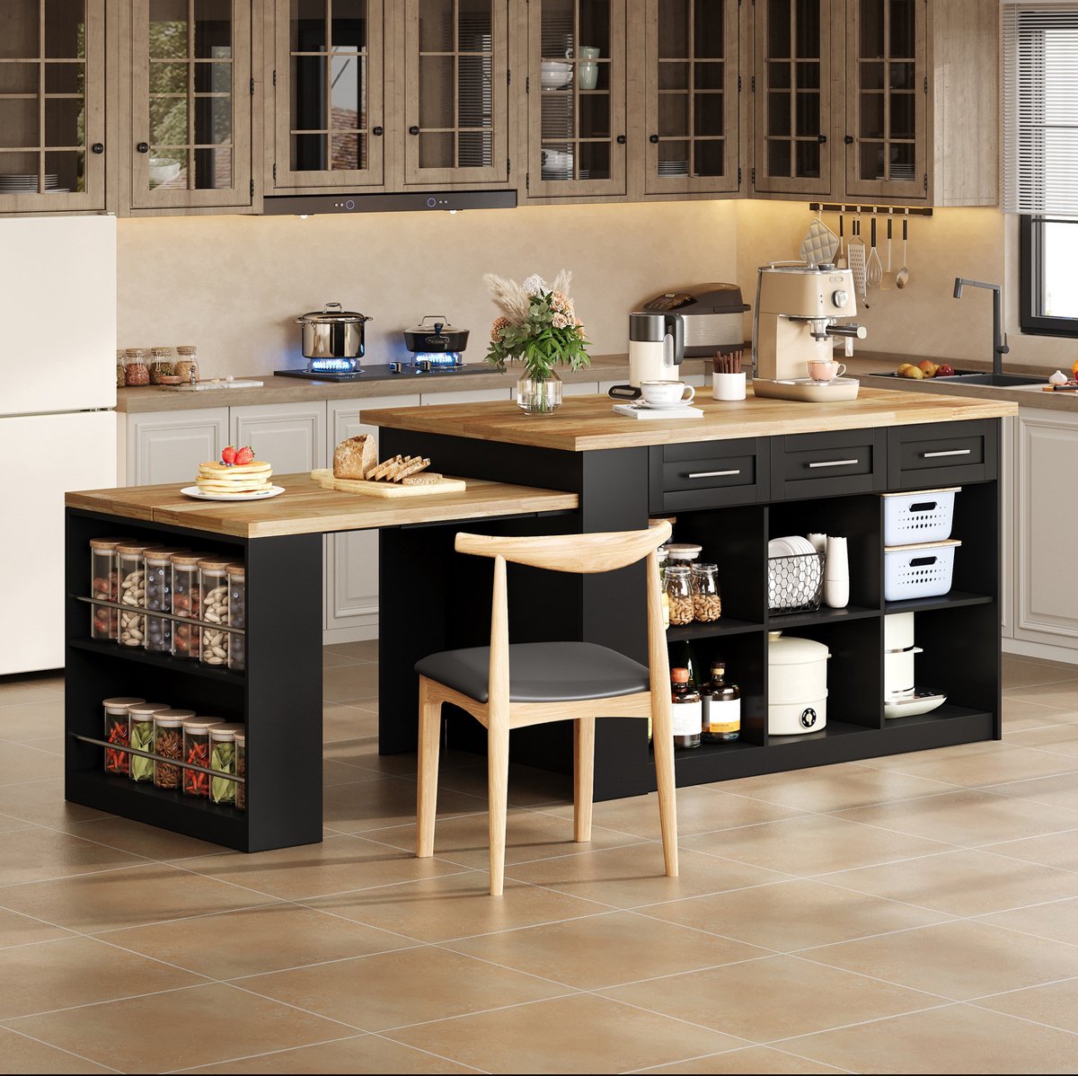 MIVRAY Keukenkast - Keukeneiland Met Uittrekbare Eettafel En Opbergruimte - Voor Moderne Keukens - MDF - Zwart En Naturel - 150x90x90 Cm
