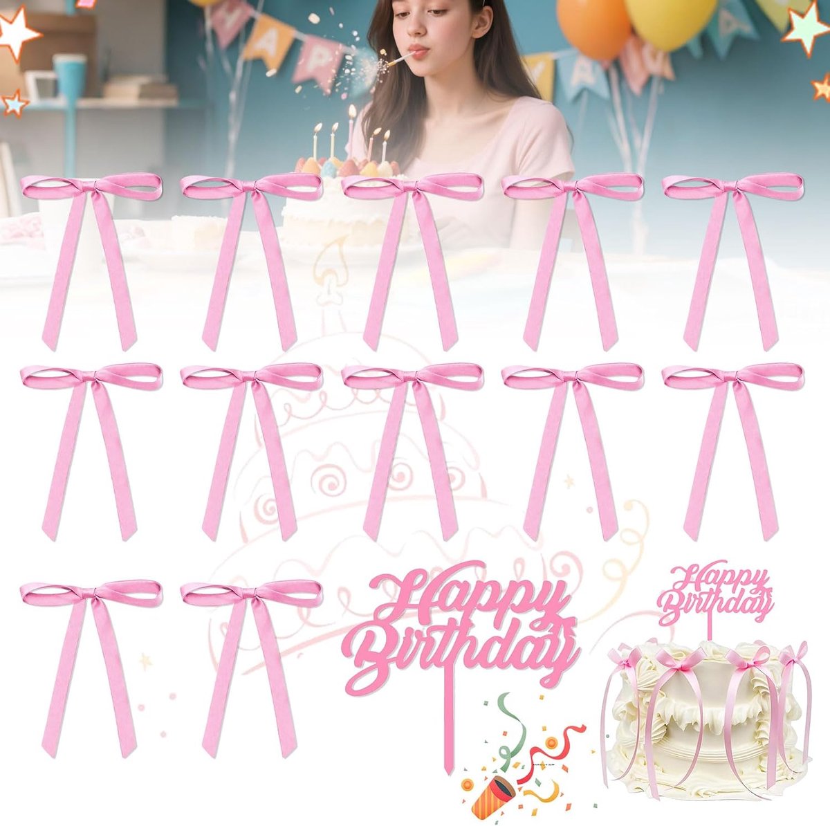 13 Stuks Roze lusdecoratietaart, Torendendeko bloem cake bevestiging, Doe het zelf verjaardag babyfeest bruid cake decoratie, Cake bevestiging voor bruiloft, verjaardag, Bloemen diy cake topper