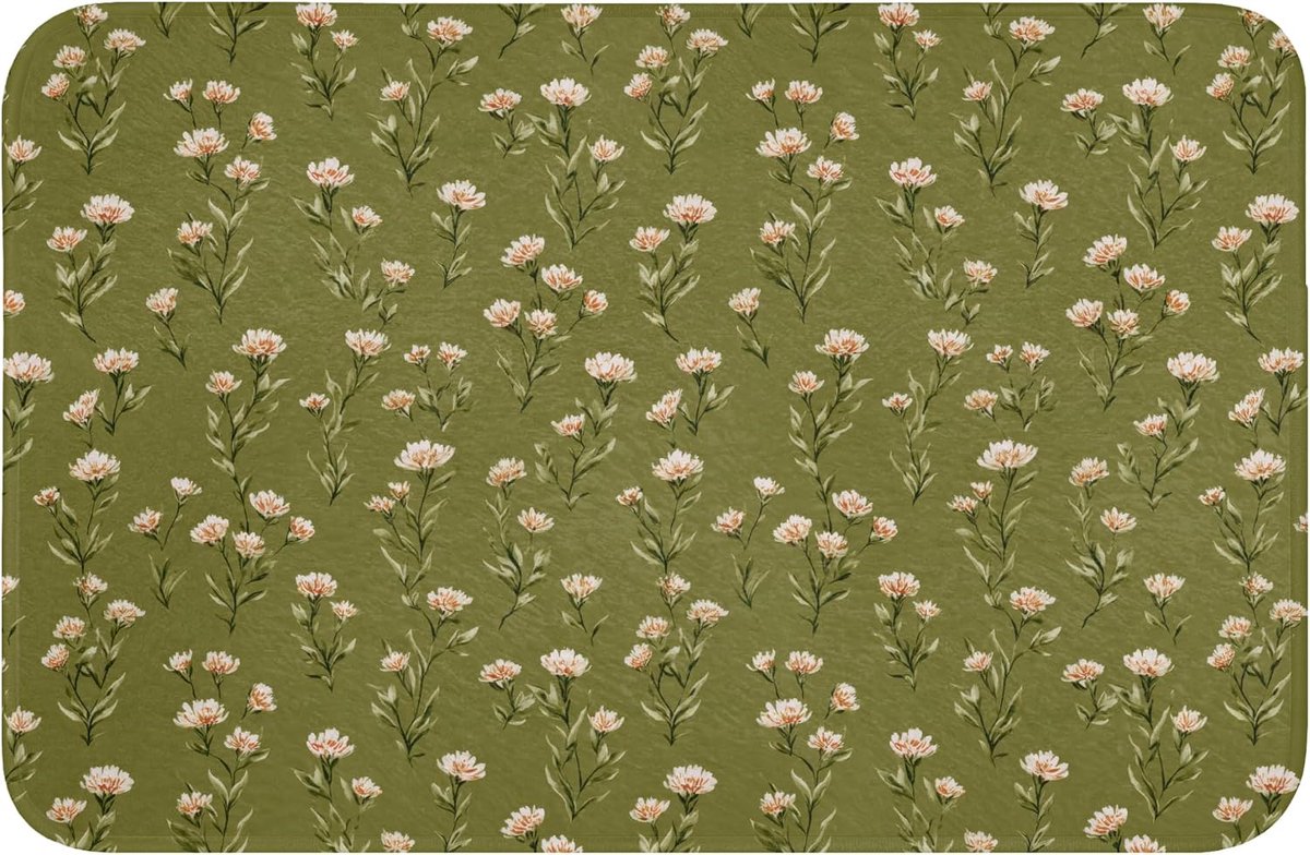SnelShoppen - Badmat Rechthoekig 60x40 cm - Wasbare Badkamer Accessoires - Anti Slip Memory Foam - Zachte Toiletmat - Landelijke Bloemen - Groen - Voo