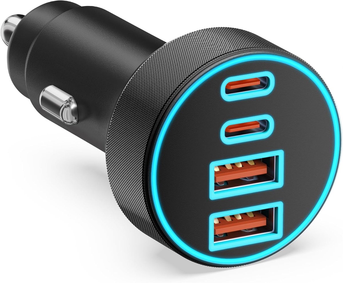 4-Poorts 90W Sigarettenaansteker USB C, Autolader Dual USBC & USB-A PD/QC | Multi USB, snel auto-opladen, 12V adapter Car Charger voor iPhone 17 16 15 14 13 12 Pro Max, iPad, Samsung Galaxy S26/S25