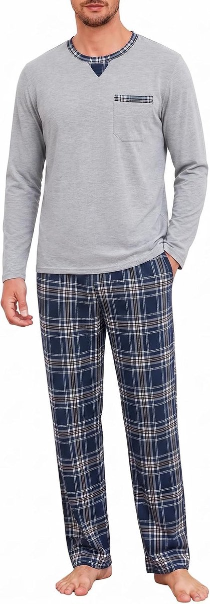 Herenpyjama, lange pyjama, katoen, pyjamabroek, geruit