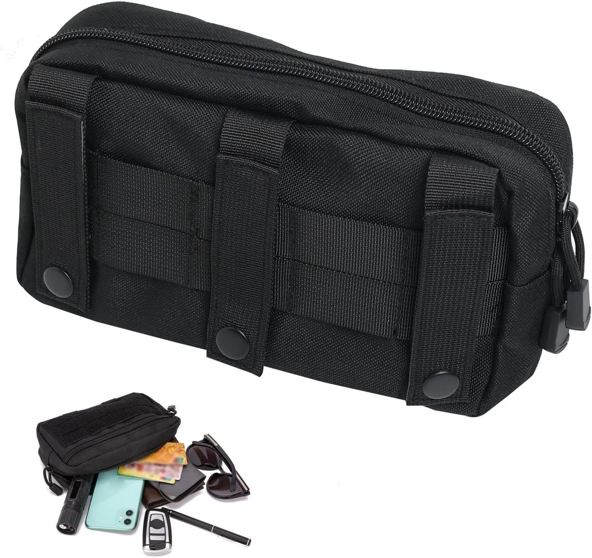 Tactische Molle Bag voor Multifunctioneel Gebruik met Haak en Gesp, 500D Nylon, 14 x 5 x 20 cm, Zwart, Ideaal voor Outdoor en Avontuur