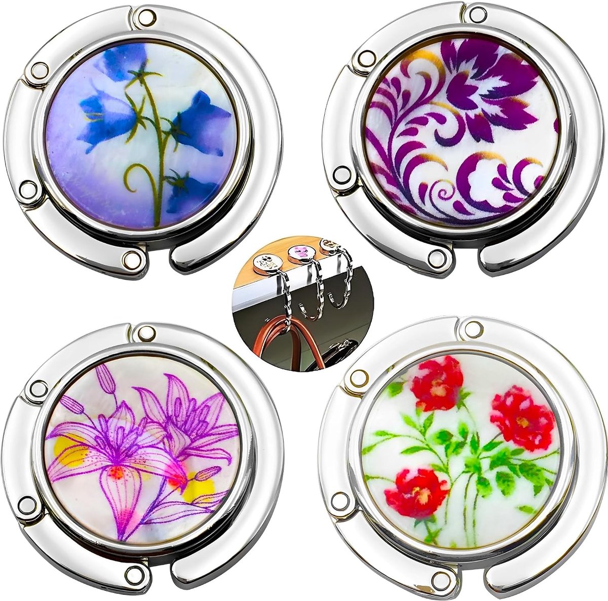 4 Stuks Handtassenhouder, Tafel Zakhouder, Opvouwbare Portemonnee Haak, Ronde Handtas Hanger Set, Vouwen Sectie Opslag Handtas Haak, Vrouwen Tassen Organizers Opslag Decor Gift