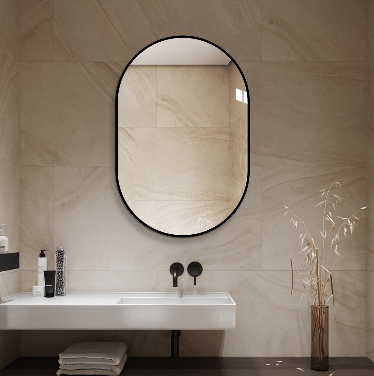Spiegel Wandspiegel 60 x 90 cm Ovaal Zwart Aluminium Frame Voor Binnen Badkamer En Hal Horizontaal Verticaal